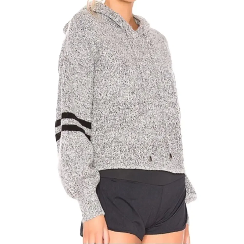 ONZIE Gray Black Varsity Striped Blouson Sleeve Chunky Knit Hoodie Sweater OS